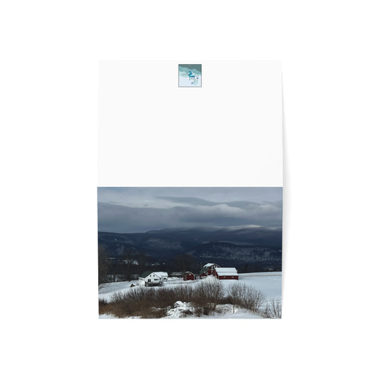 Note Cards | Set of 10 - Red Farm in Winter Hills