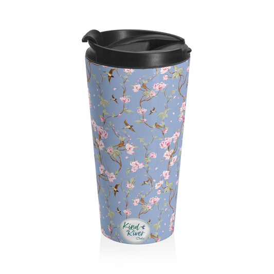 Vintage Pink Roses & Birds Travel Mug