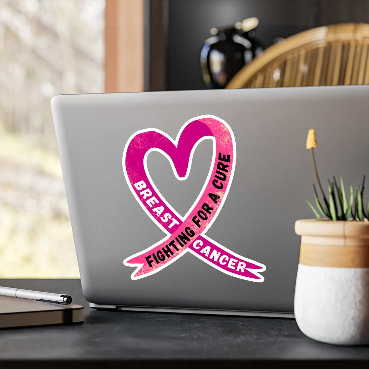 Breast Cancer Awareness Ribbon Kiss-Cut Vinyl Decal – "Fighting for a Cure"