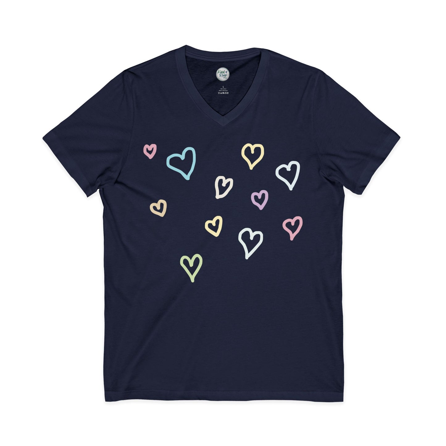 Pastel Hand Drawn Hearts V-Neck Tee (Adult)