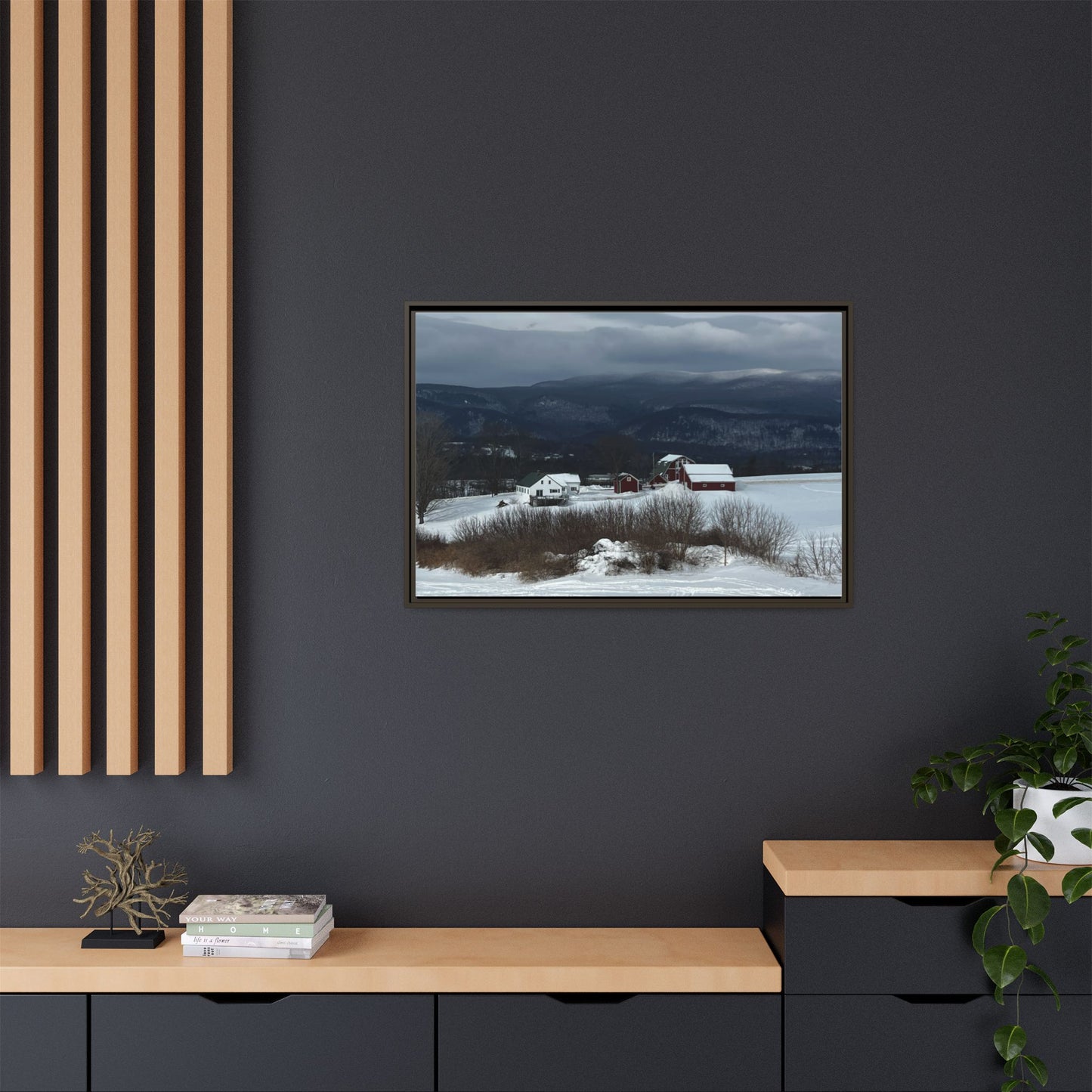 Canvas Print in Frame - Red Farm in Winter Hills (original photograph by Kind River Studio)
