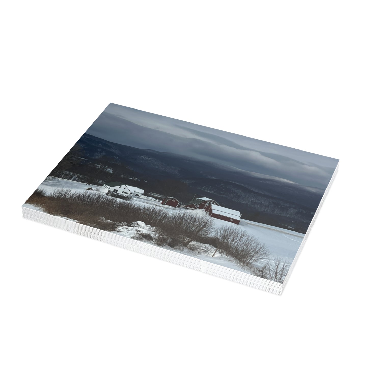 Note Cards | Set of 10 - Red Farm in Winter Hills