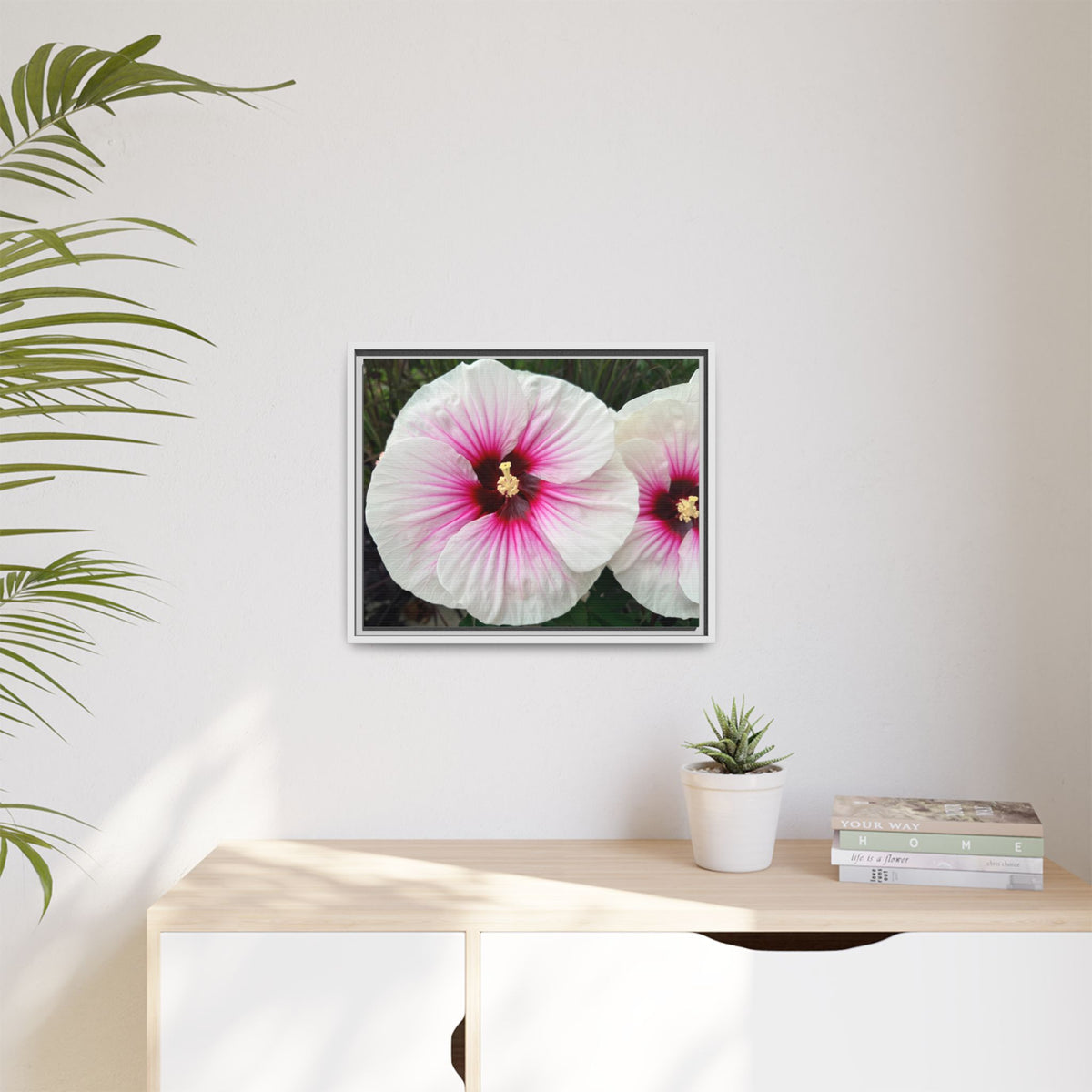White Hibiscus Canvas Framed Print (original photograph by Kind River Studio)