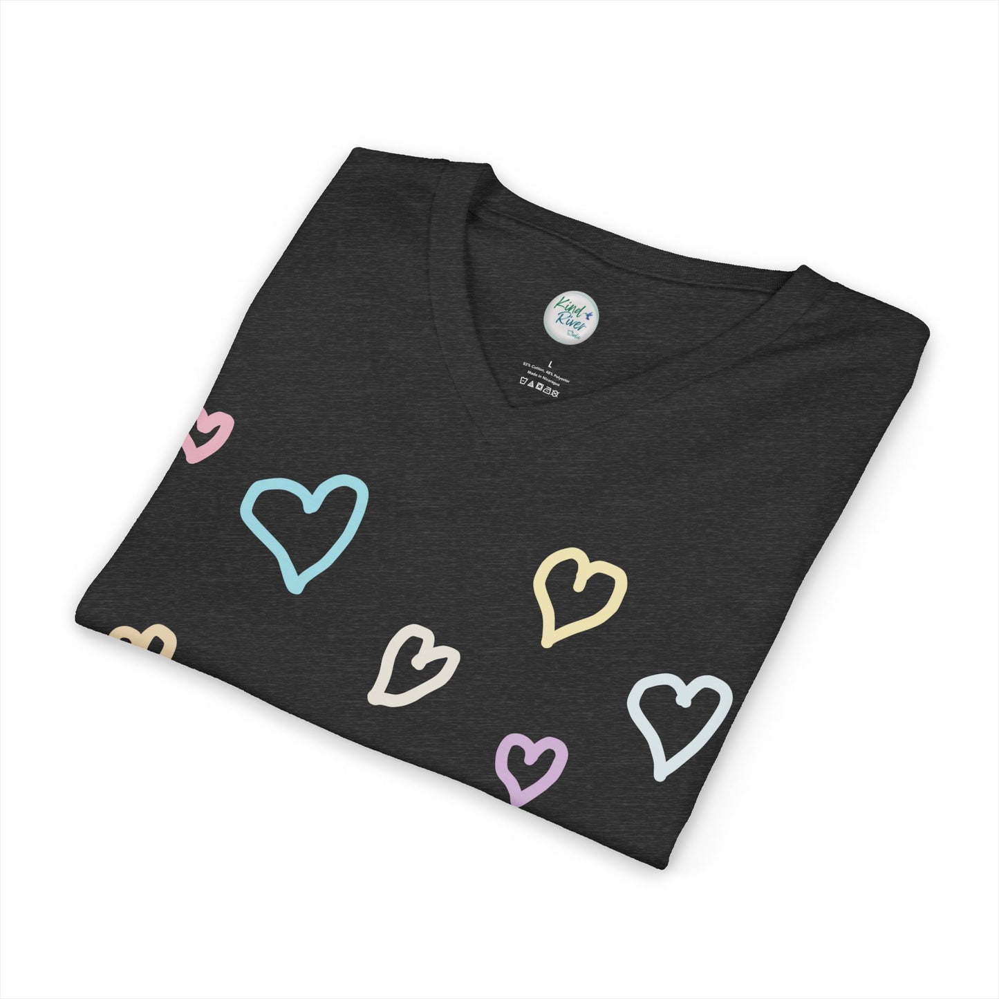 Pastel Hand Drawn Hearts V-Neck Tee (Adult)
