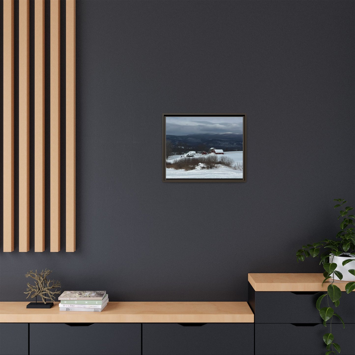 Canvas Print in Frame - Red Farm in Winter Hills (original photograph by Kind River Studio)