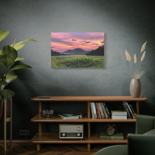 Lavender sunset over a field with mountains, displayed on a wall above a wooden shelf.