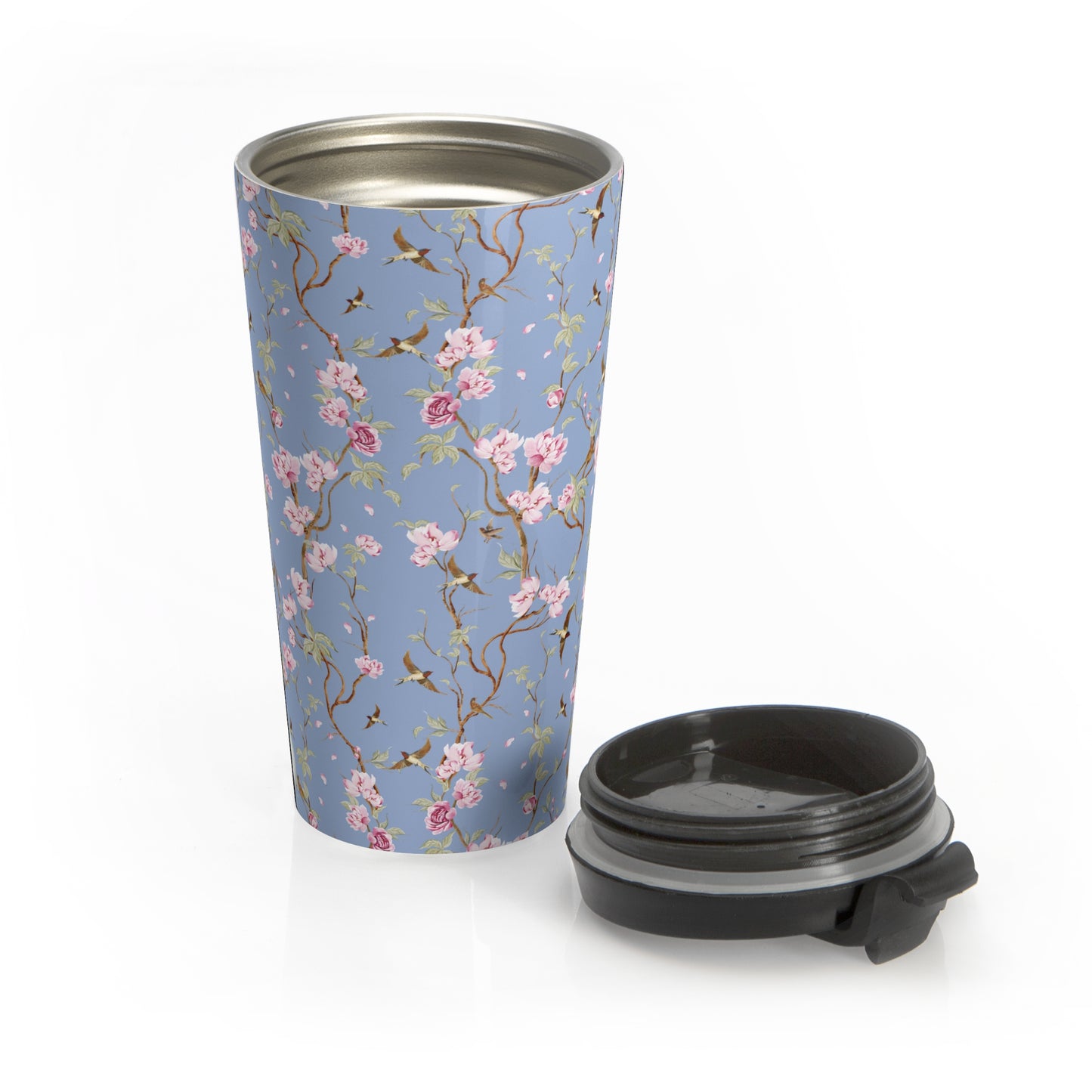 Vintage Pink Roses & Birds Travel Mug
