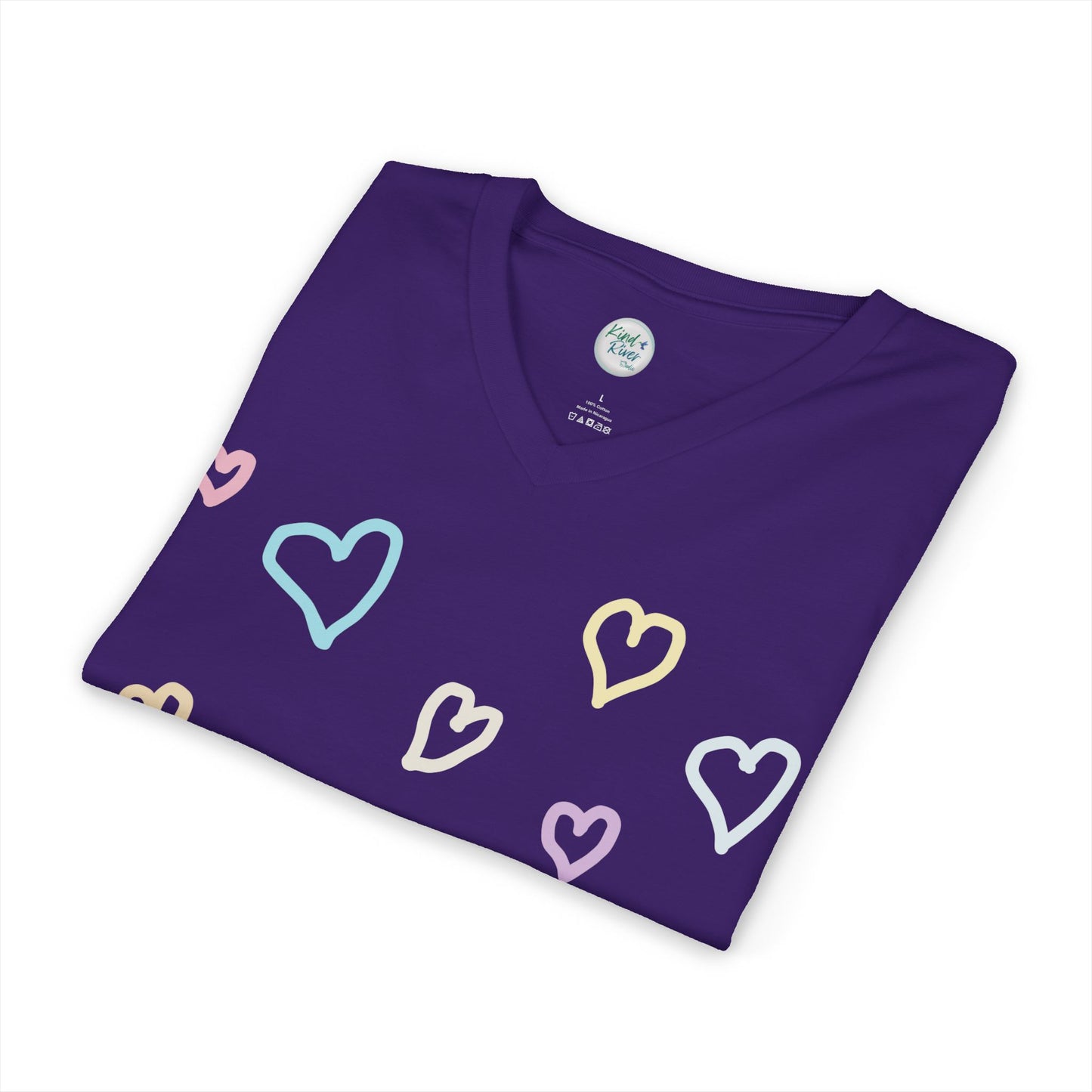 Pastel Hand Drawn Hearts V-Neck Tee (Adult)