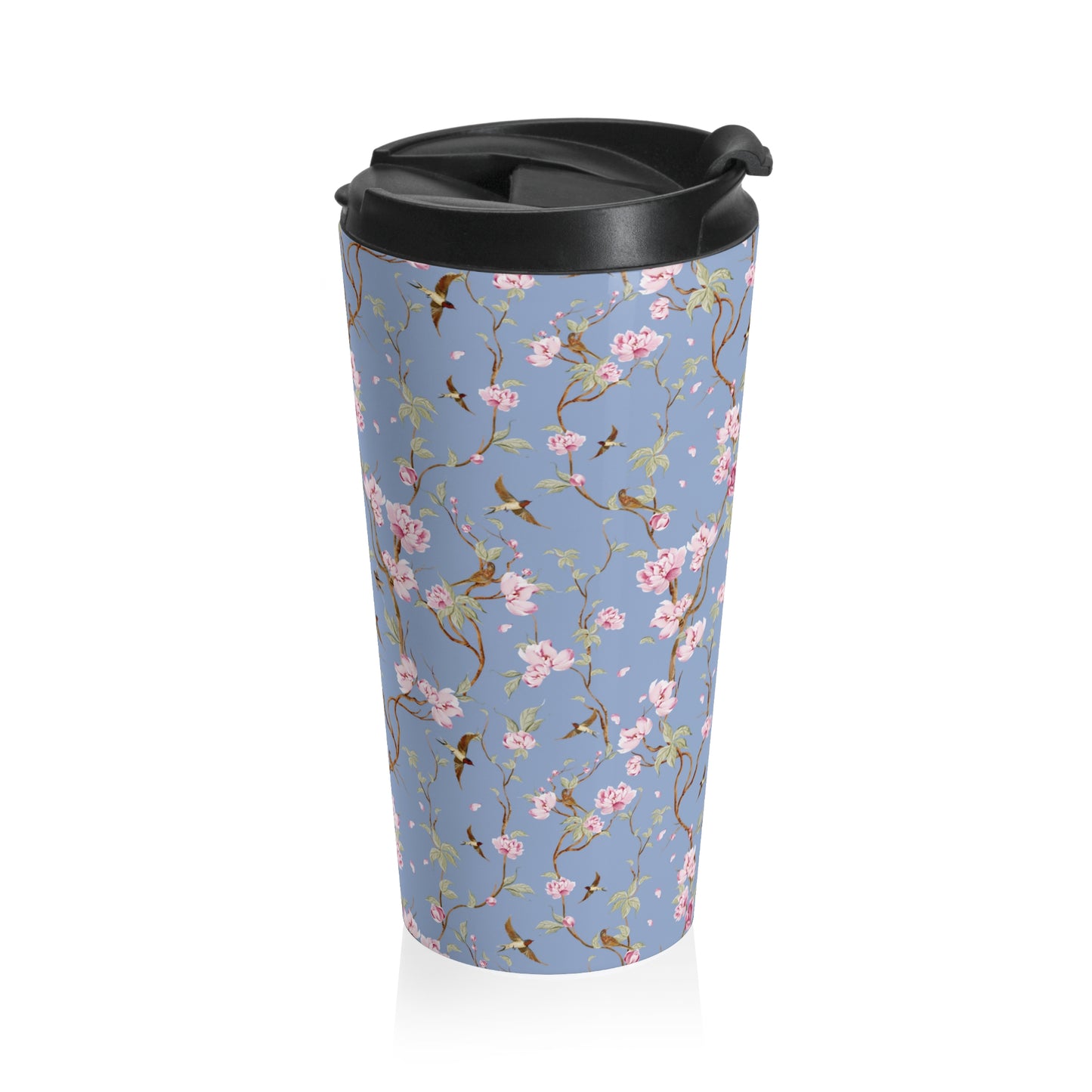 Vintage Pink Roses & Birds Travel Mug