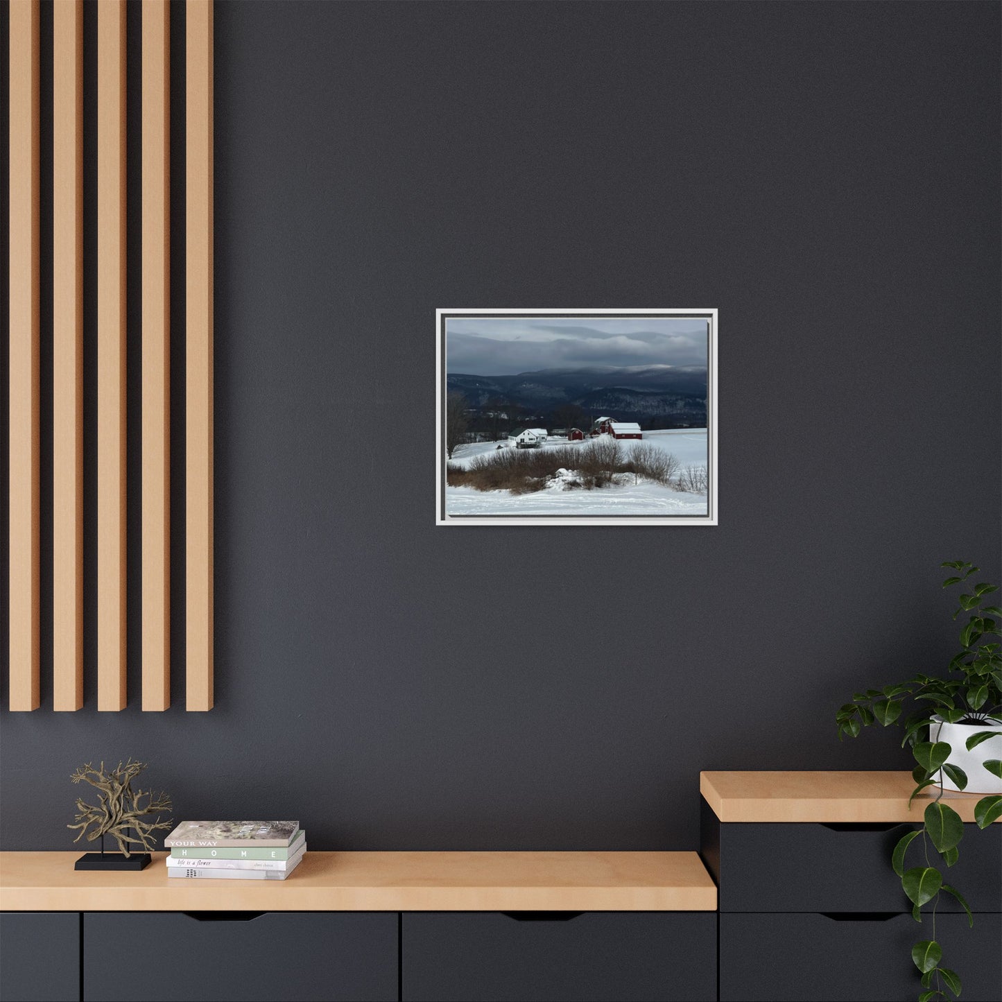 Canvas Print in Frame - Red Farm in Winter Hills (original photograph by Kind River Studio)