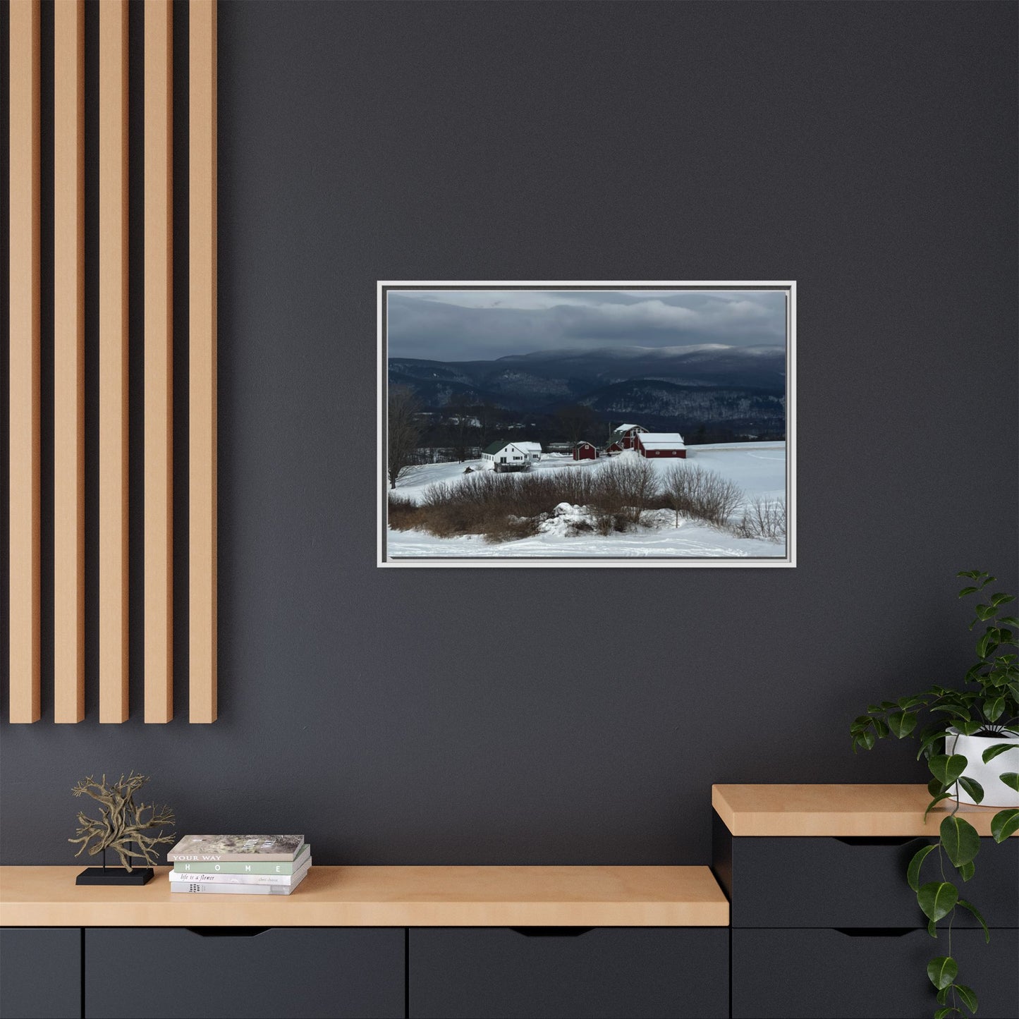 Canvas Print in Frame - Red Farm in Winter Hills (original photograph by Kind River Studio)