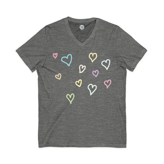 Pastel Hand Drawn Hearts V-Neck Tee (Adult)