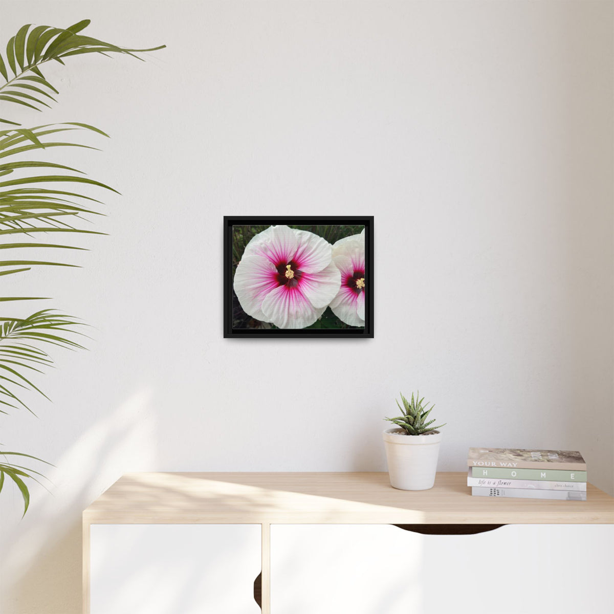 White Hibiscus Canvas Framed Print (original photograph by Kind River Studio)