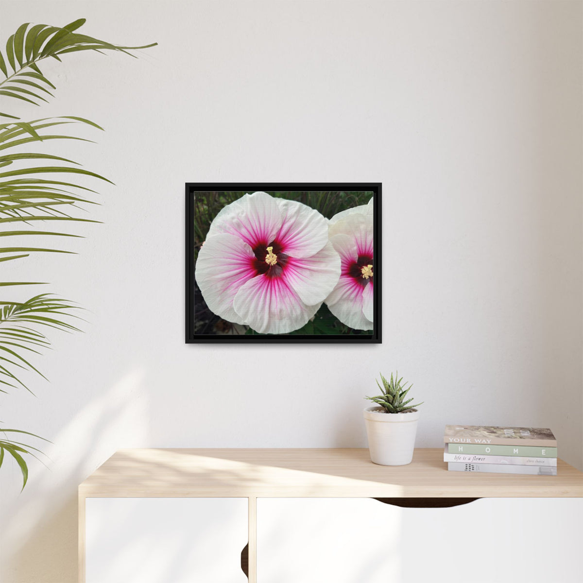 White Hibiscus Canvas Framed Print (original photograph by Kind River Studio)