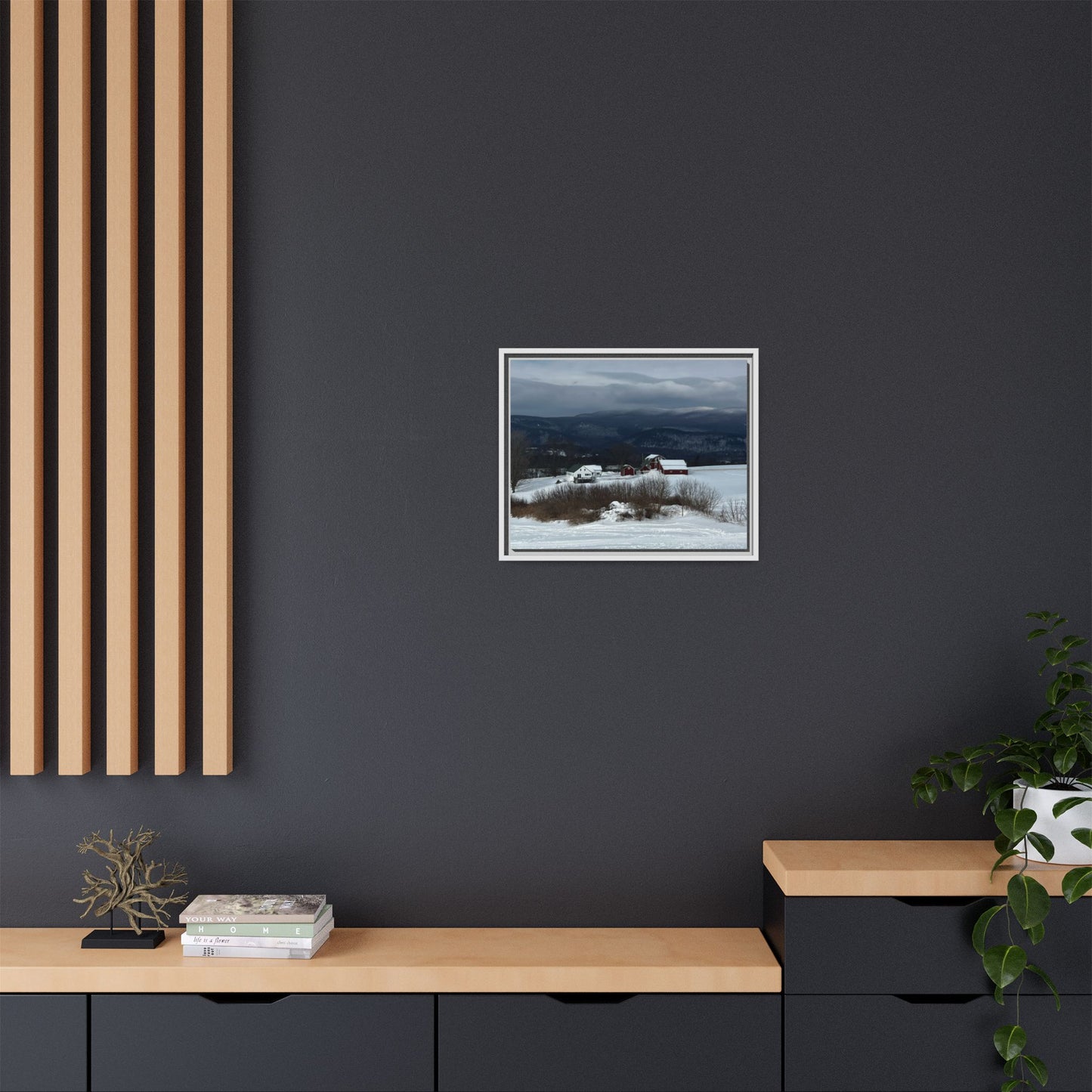 Canvas Print in Frame - Red Farm in Winter Hills (original photograph by Kind River Studio)