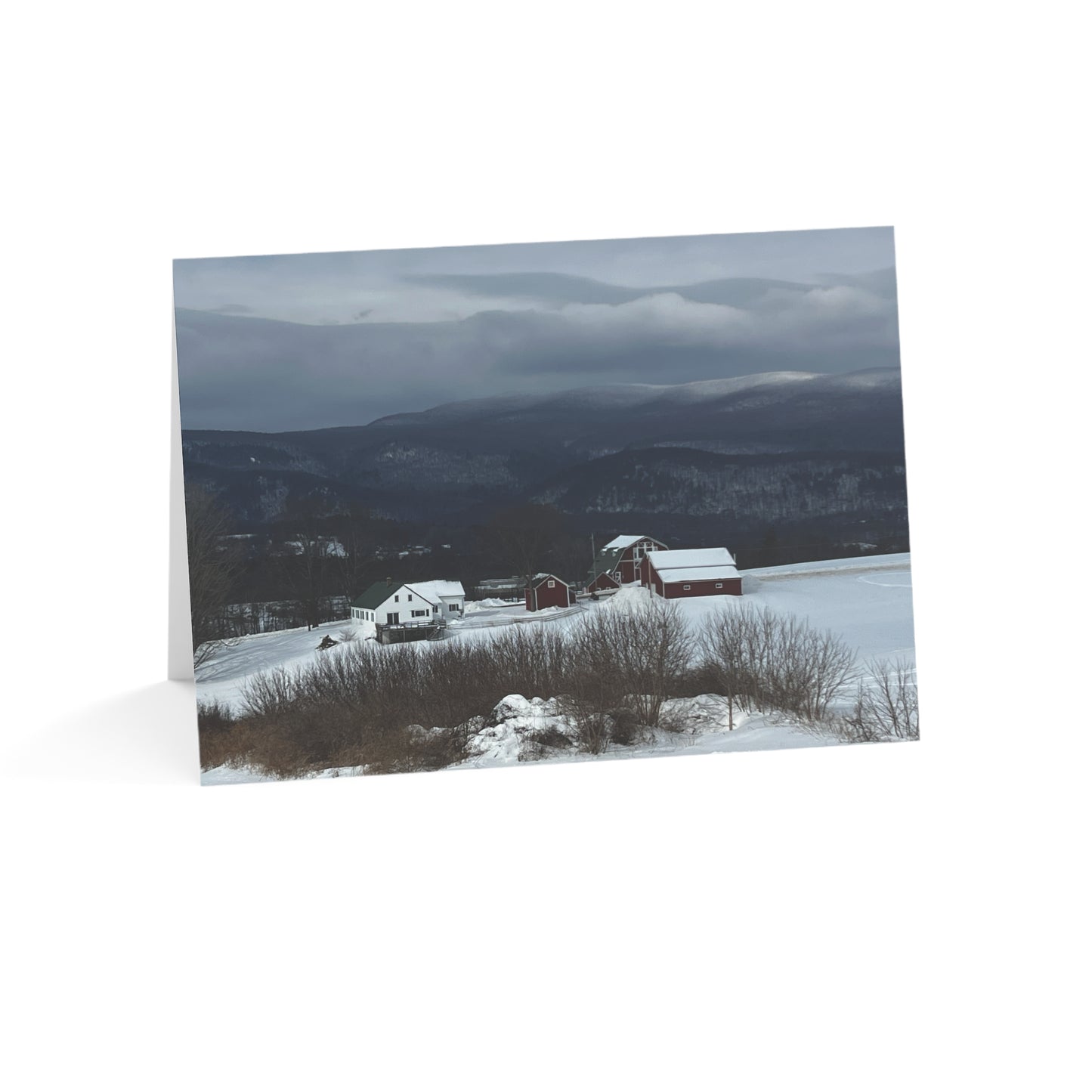 Note Cards | Set of 10 - Red Farm in Winter Hills