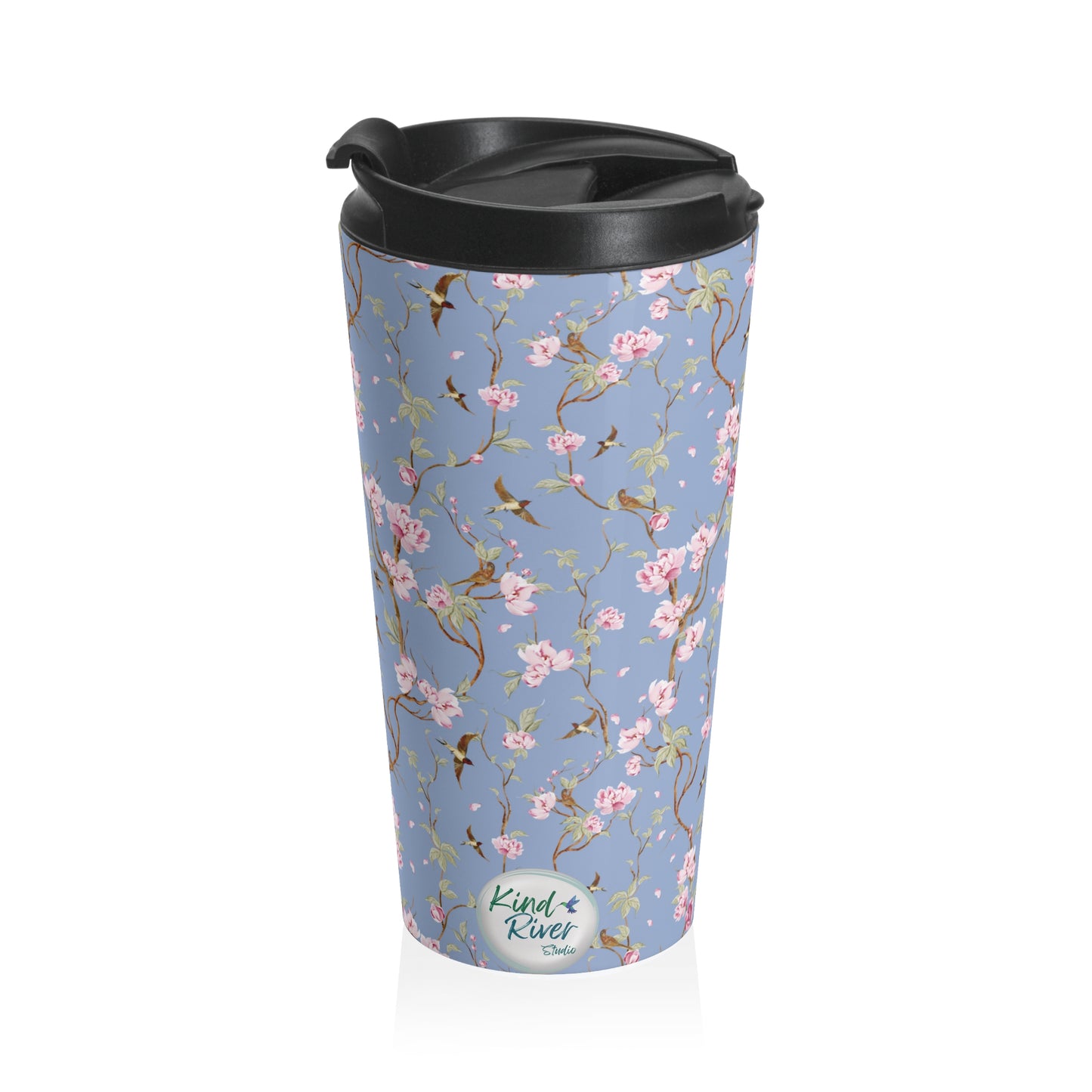 Vintage Pink Roses & Birds Travel Mug