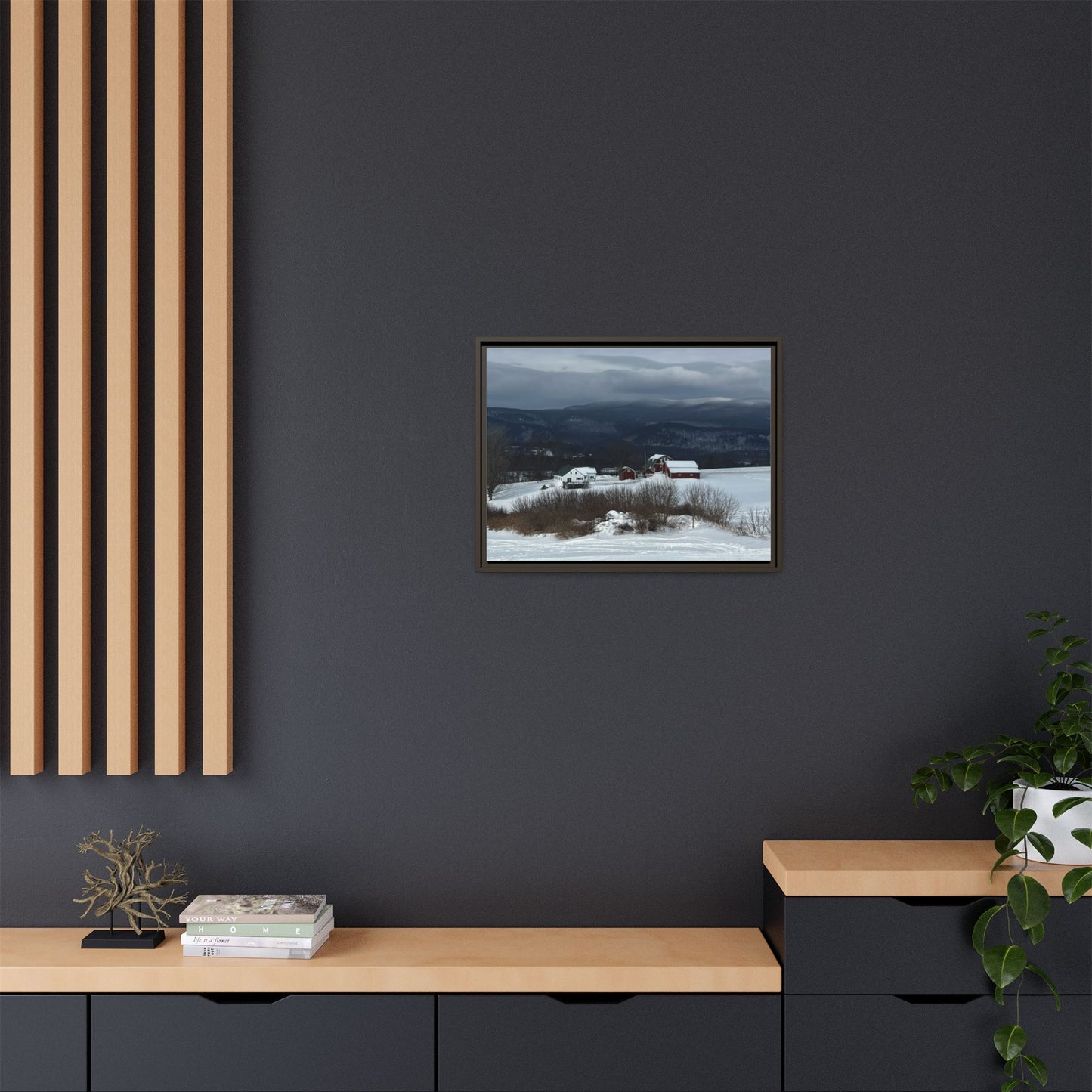 Canvas Print in Frame - Red Farm in Winter Hills (original photograph by Kind River Studio)