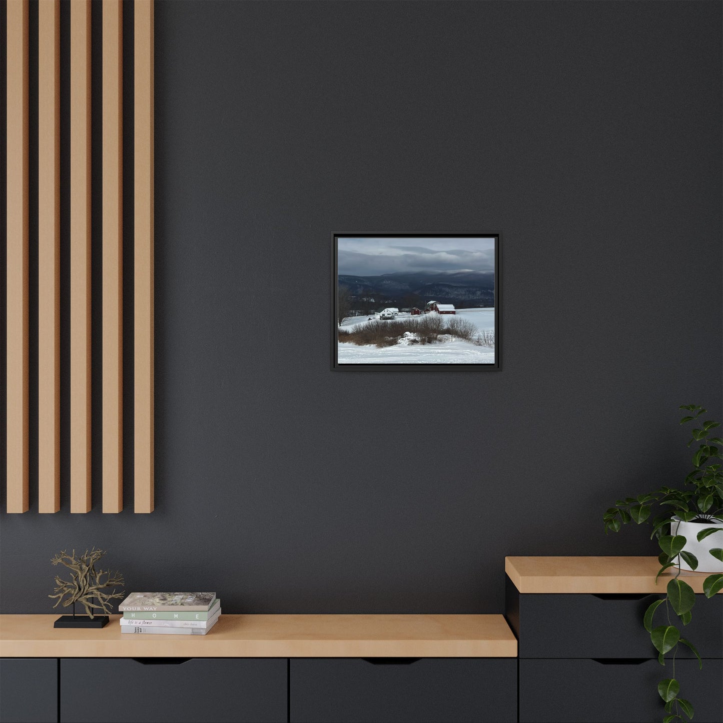 Canvas Print in Frame - Red Farm in Winter Hills (original photograph by Kind River Studio)