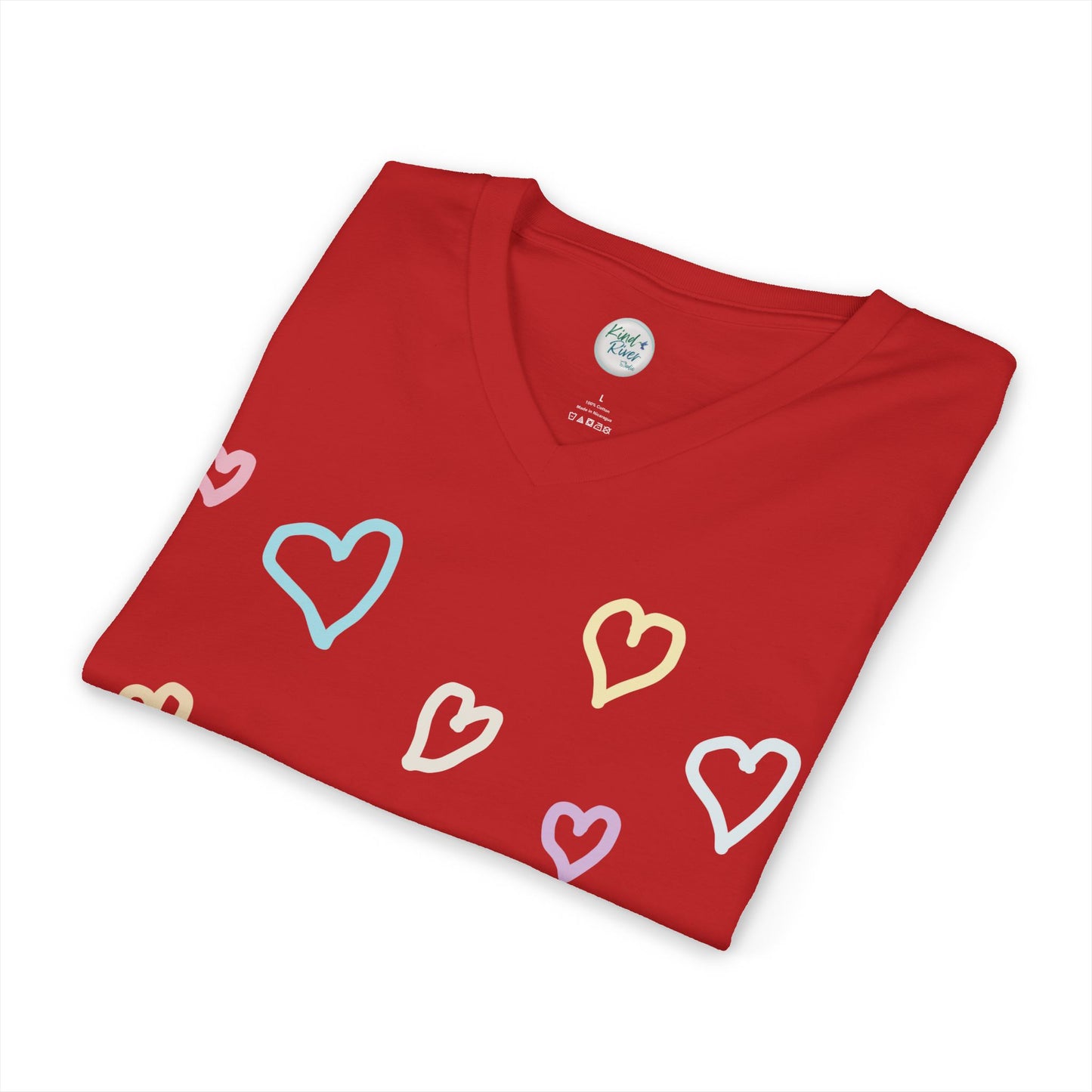 Pastel Hand Drawn Hearts V-Neck Tee (Adult)