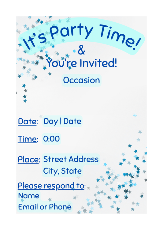 Customizable Invitation - Party Time (Blue Stars) | Digital Download Only