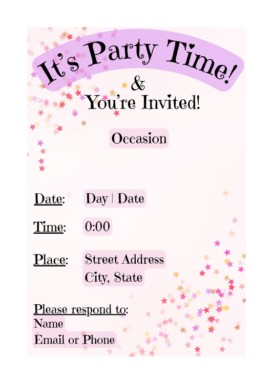 Customizable Invitation - Party Time (Pink Stars) | Digital Download Only